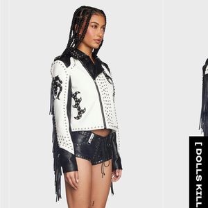 Azalea Wang two tone studded fringe leather Moto jacket